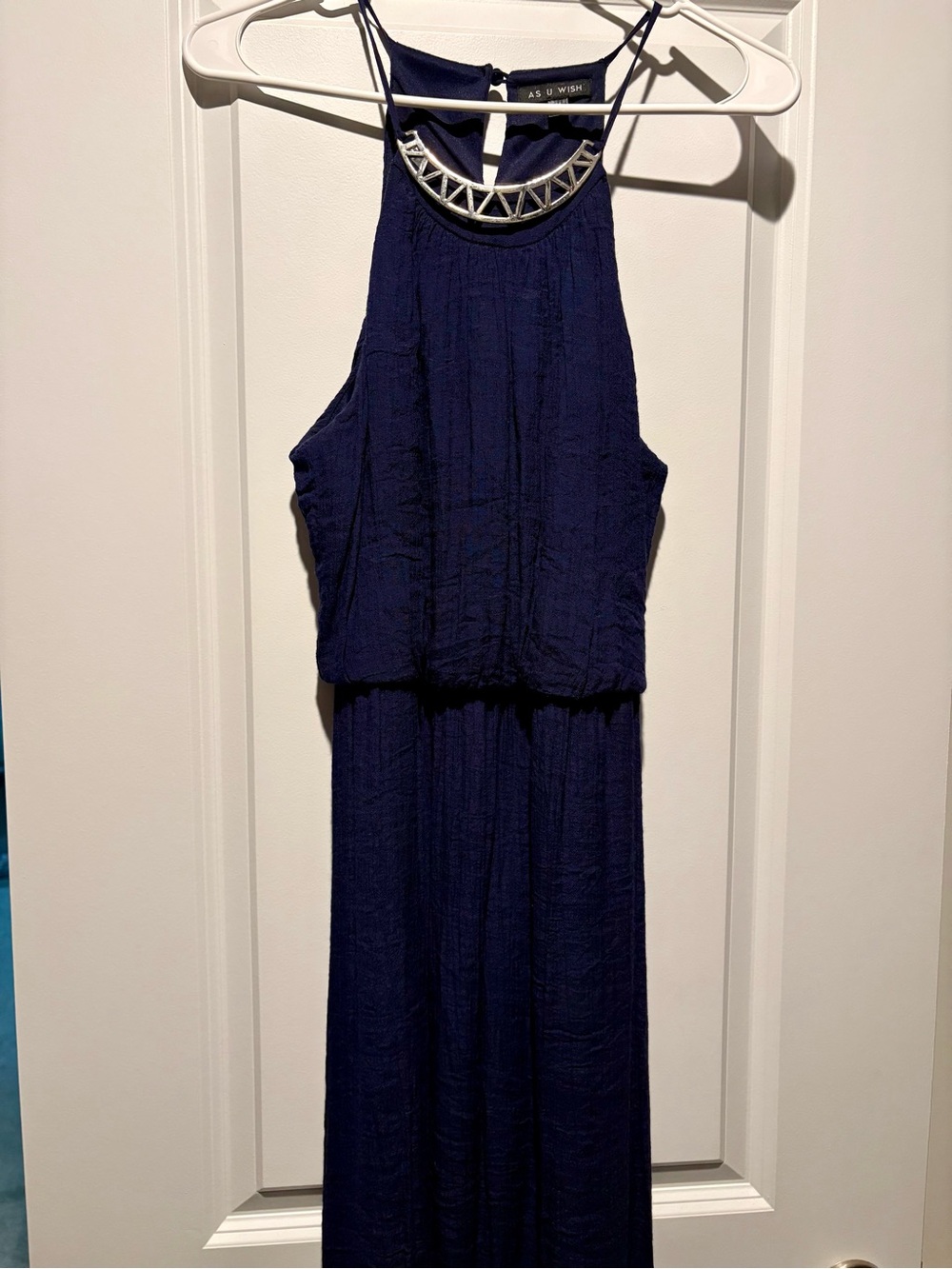 As U Wish Deep Navy Halter Maxi Dress with Decorative Silver Neckline